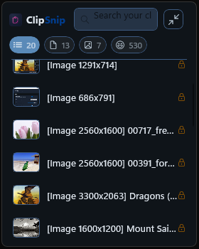 ClipSnip in compact mode — a dense, narrow list showing more clips at once