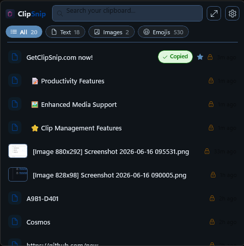 ClipSnip clipboard manager showing recent items with All, Text, Images and Emojis filters, a copied badge and encrypted clips