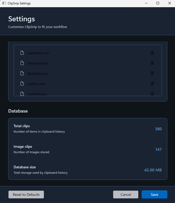 ClipSnip settings showing password managers like 1Password, Bitwarden and KeePassXC excluded from monitoring, plus local database stats