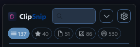 ClipSnip search bar with All, Text, Images and Emojis category filters and live item counts