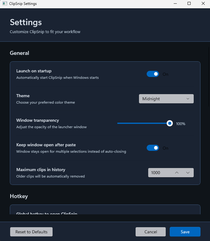 ClipSnip settings — launch on startup, theme set to Midnight, window transparency slider, keep-window-open toggle and a maximum clips-in-history limit