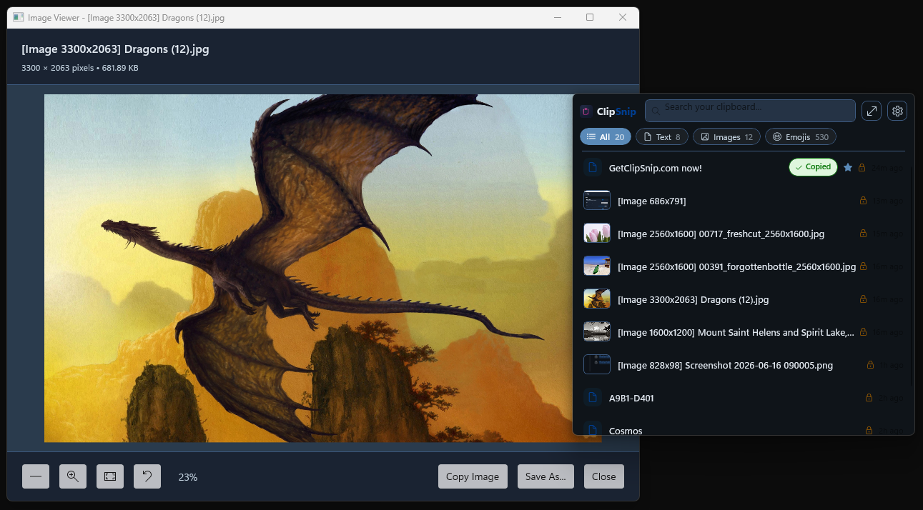 ClipSnip's built-in full-size image viewer previewing an image with the clipboard launcher docked alongside, image thumbnails in the list