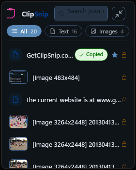 ClipSnip in compact mode — a dense, narrow list showing more clips at once