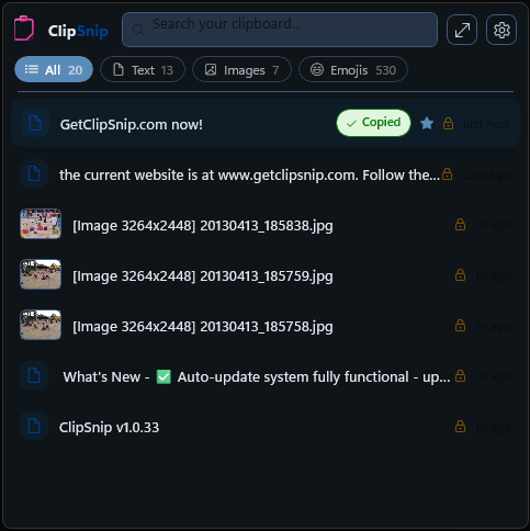 ClipSnip clipboard manager showing recent items with category filters, encrypted clips and a copied badge